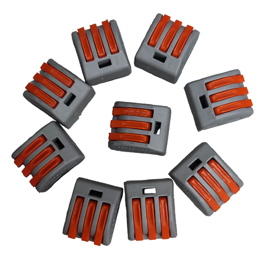 Ten 32A 250V wire terminal blocks in gray and orange for electrical wiring connections