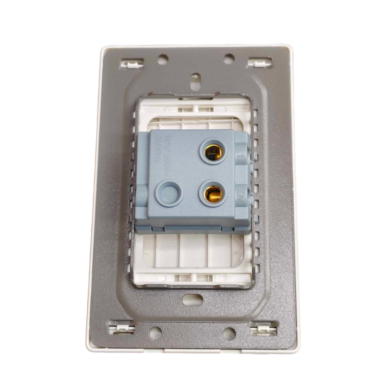 A two-way light switch module with a gray outer plate, white internal backplate, and a blue-gray central terminal block with gold screw terminals, shown against a plain white background.