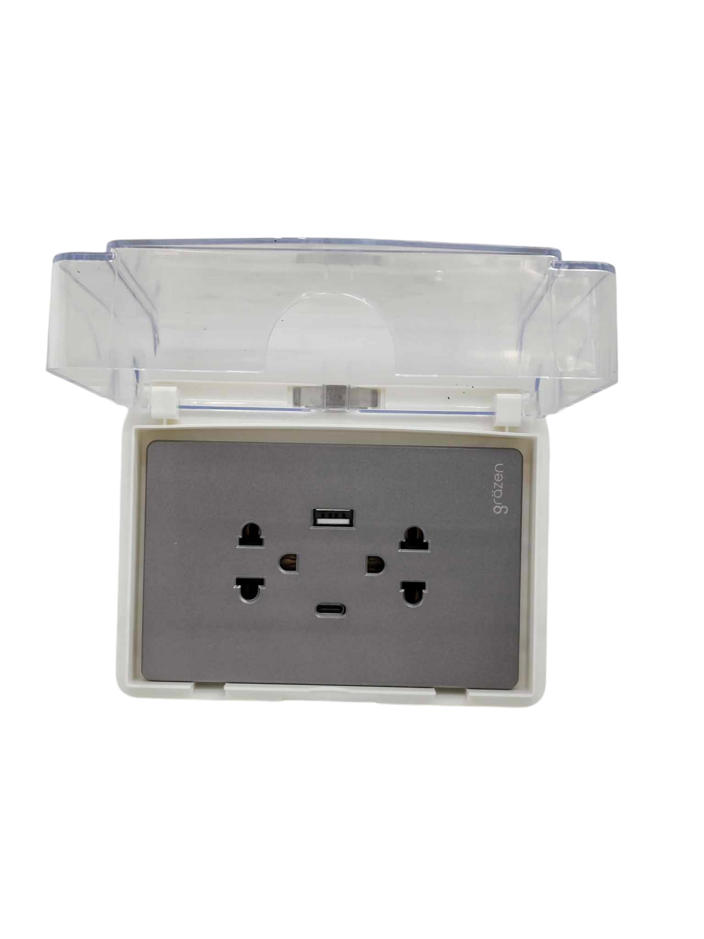 Grazen Weatherproof Plate Cover with Duplex Universal Outlet with Ground 16A 220V with USB-A and USB-C 2100mAh 5VDC