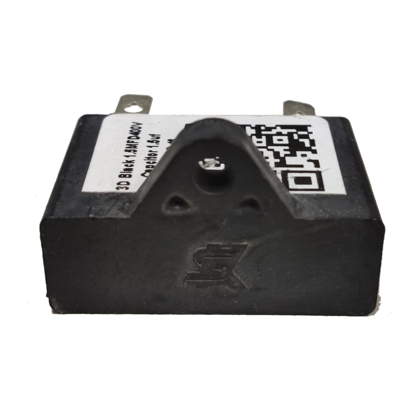 Black electronic component with a QR code label on a white background