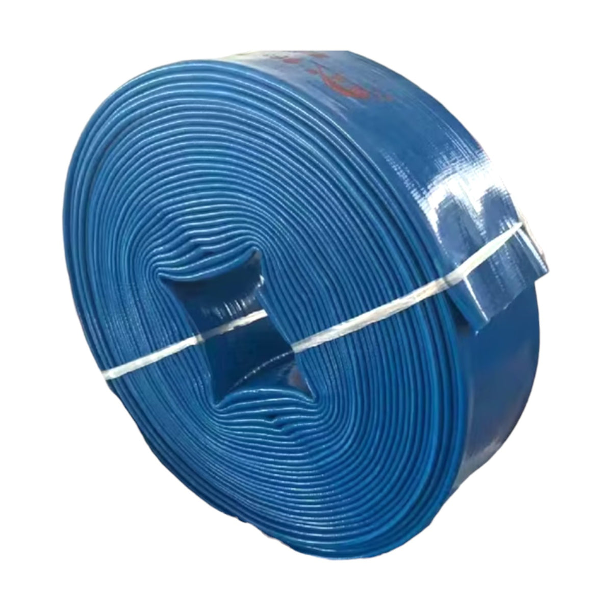 A coiled blue industrial hose or belt-like flexible material secured with a white strap, shown on a plain white background.