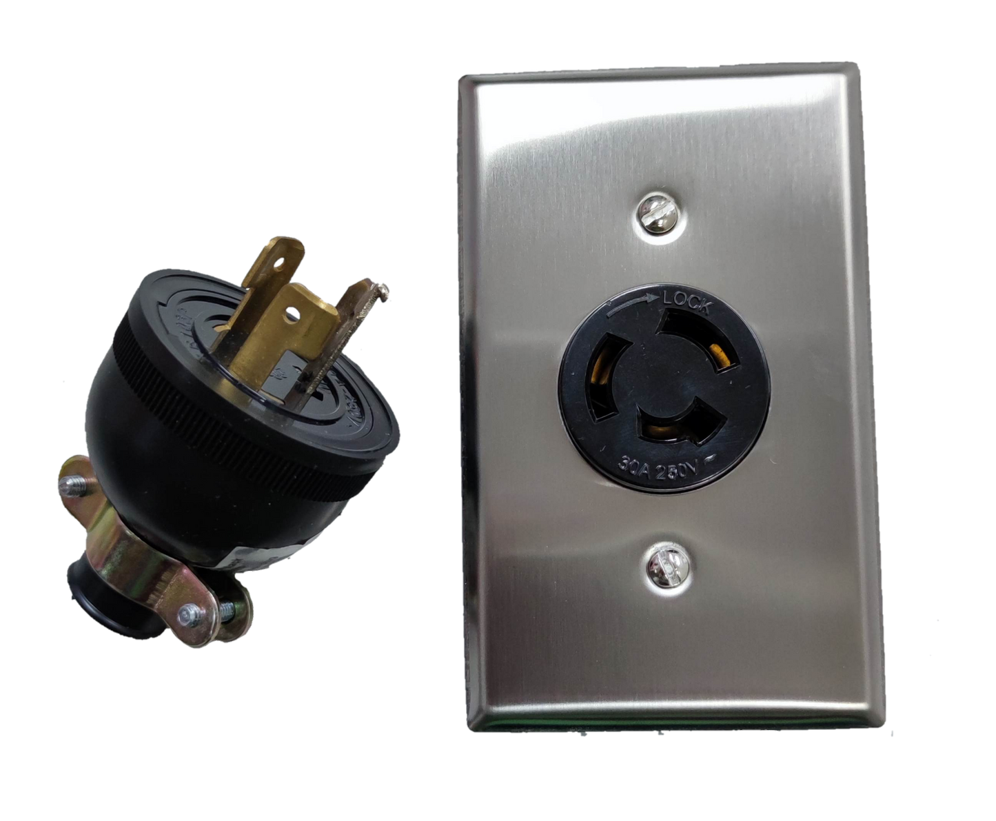 Grippes 30A Twist Lock Wall Outlet with Stainless Plate and Plug 2P+E (3P) 250V (ML-3) "30A Twist Lock Wall Outlet with Stainless (ML-3) XB103S +XB103P+H1G06+H1