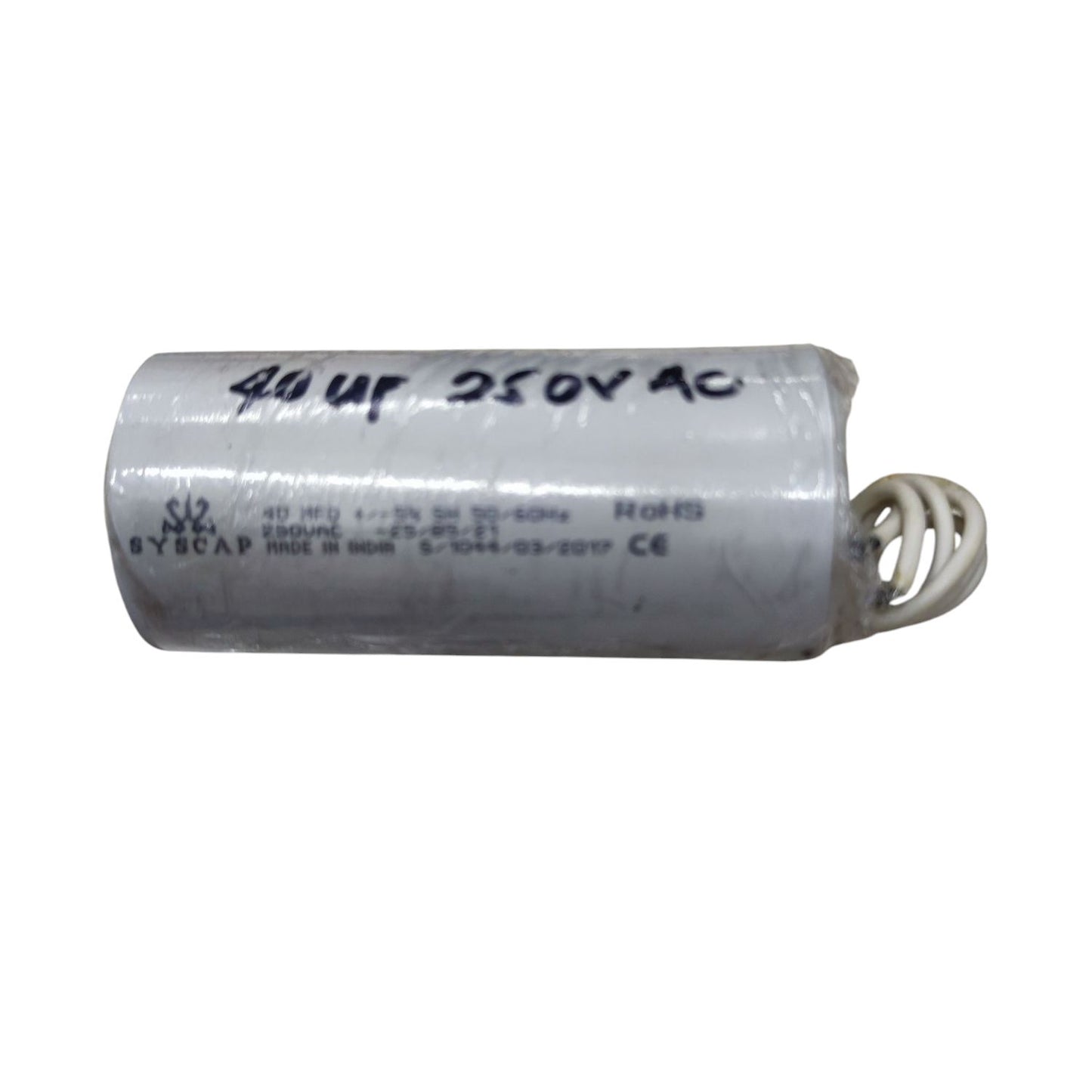 Syscap 40uF 250V Running Capacitor electrical component with white cylindrical body and attached wires