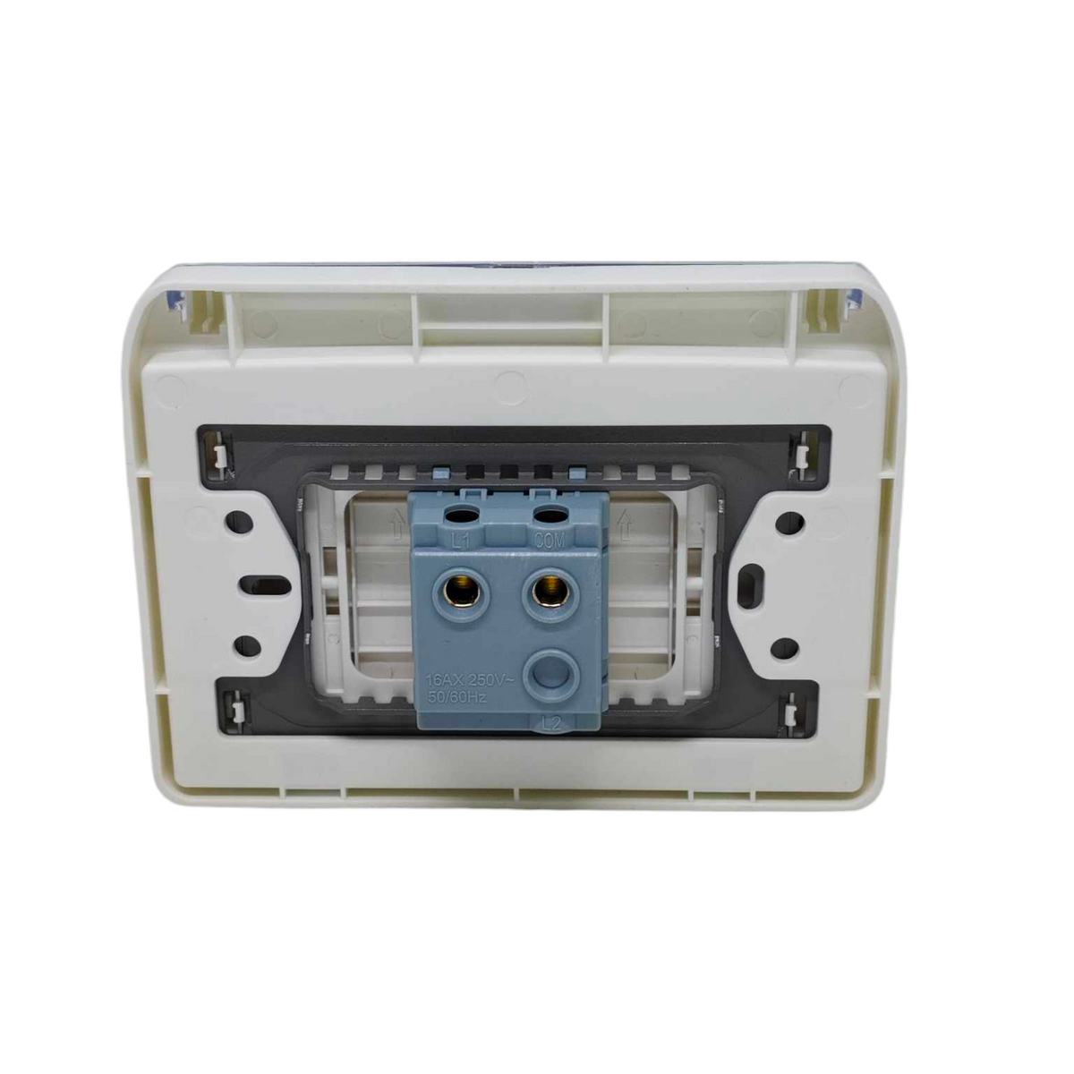 A rear view of a white electrical wall socket outlet backplate showing the internal terminal strip and a blue plastic connector block, isolated on a white background.