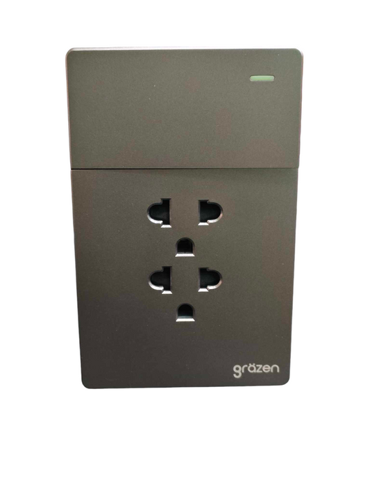 Grazen 2 Gang Outlet with Ground with 1 Way Switch with Plate Cover 16A 220V Available In Black, White Grey and Black GW-008