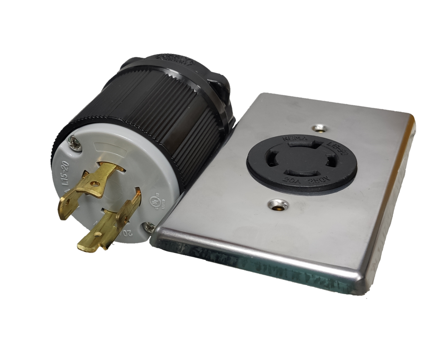 Grippes 20A Twist Lock Outlet with Plate and Plug Type 3P+E (4P) 250V (NEMA L15) WJ6421B and 9221 and BL1520P, Twistlock