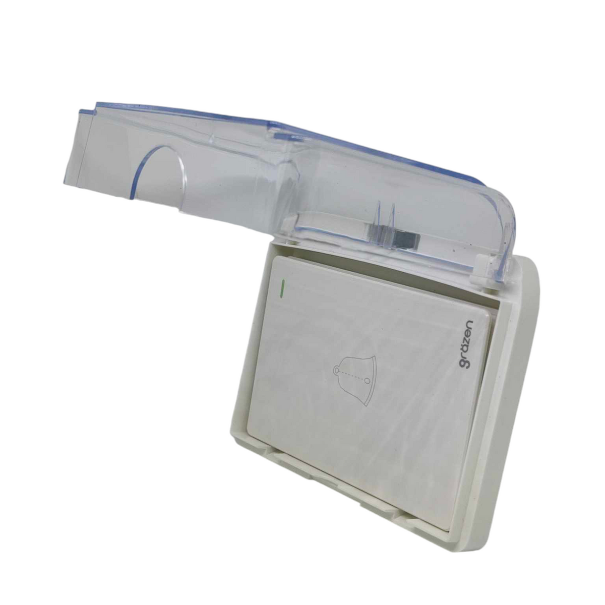 A white electronic device with a clear plastic hinged cover, shown open against a plain white background. The device features a minimalist design with a small green indicator light and a black 'gozen' brand logo on the side.