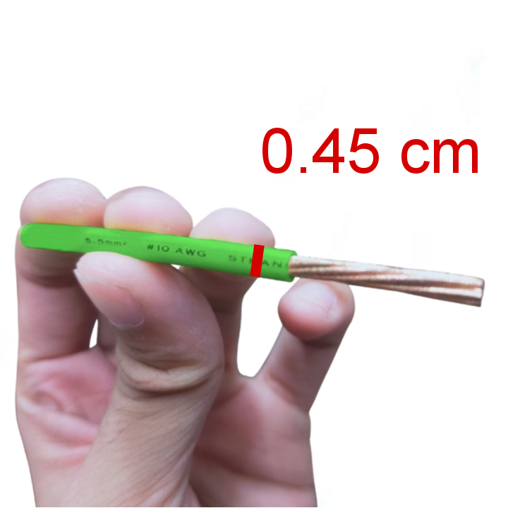 Phelps Dodge 5.5mm Stranded wire Green held between fingers showing exposed copper strands