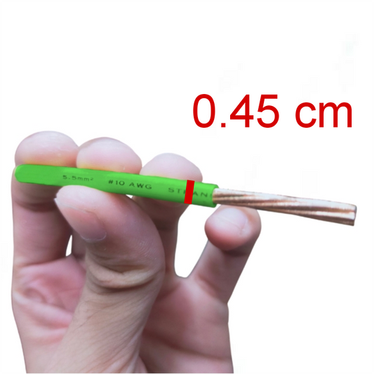 Phelps Dodge 5.5mm Stranded wire Green held between fingers showing exposed copper strands