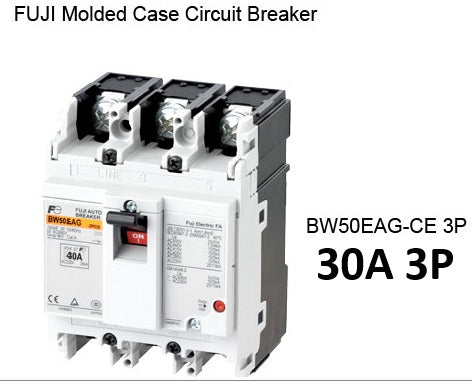 Fuji MCCB Molded Case Circuit Breaker BW50EAG-CE 30A 3Pole 5kAIC@230VAC, 2.5kAIC@380/440VAC, 1.5kAIC@500VAC Dimension (mm )75(W)x 100(H)x 60(D)