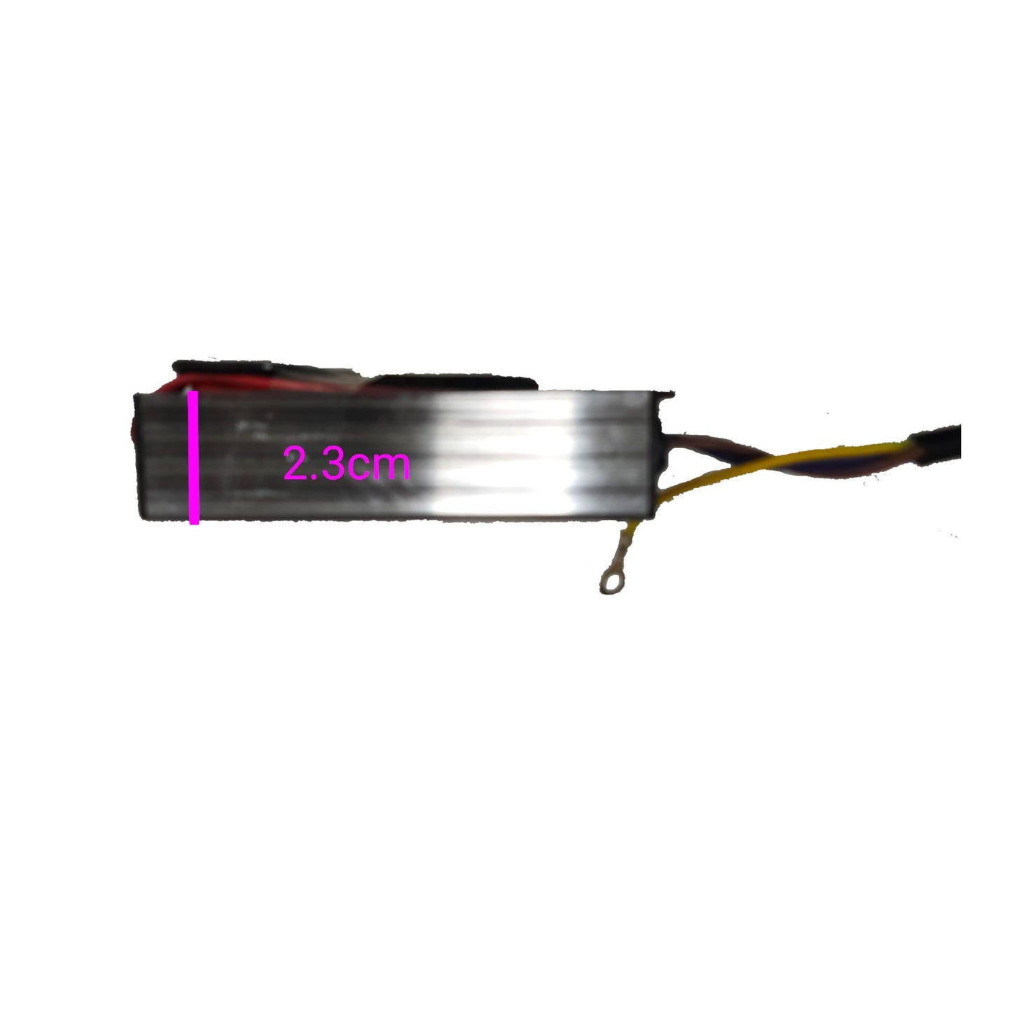 A small cylindrical metal component with attached wires on a plain white background, overlaid with a pink measurement marker reading 2.3cm.