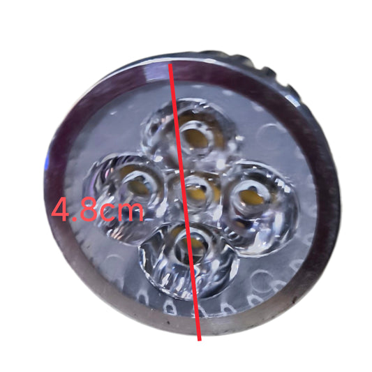 Round LED light with measurement label on a white background