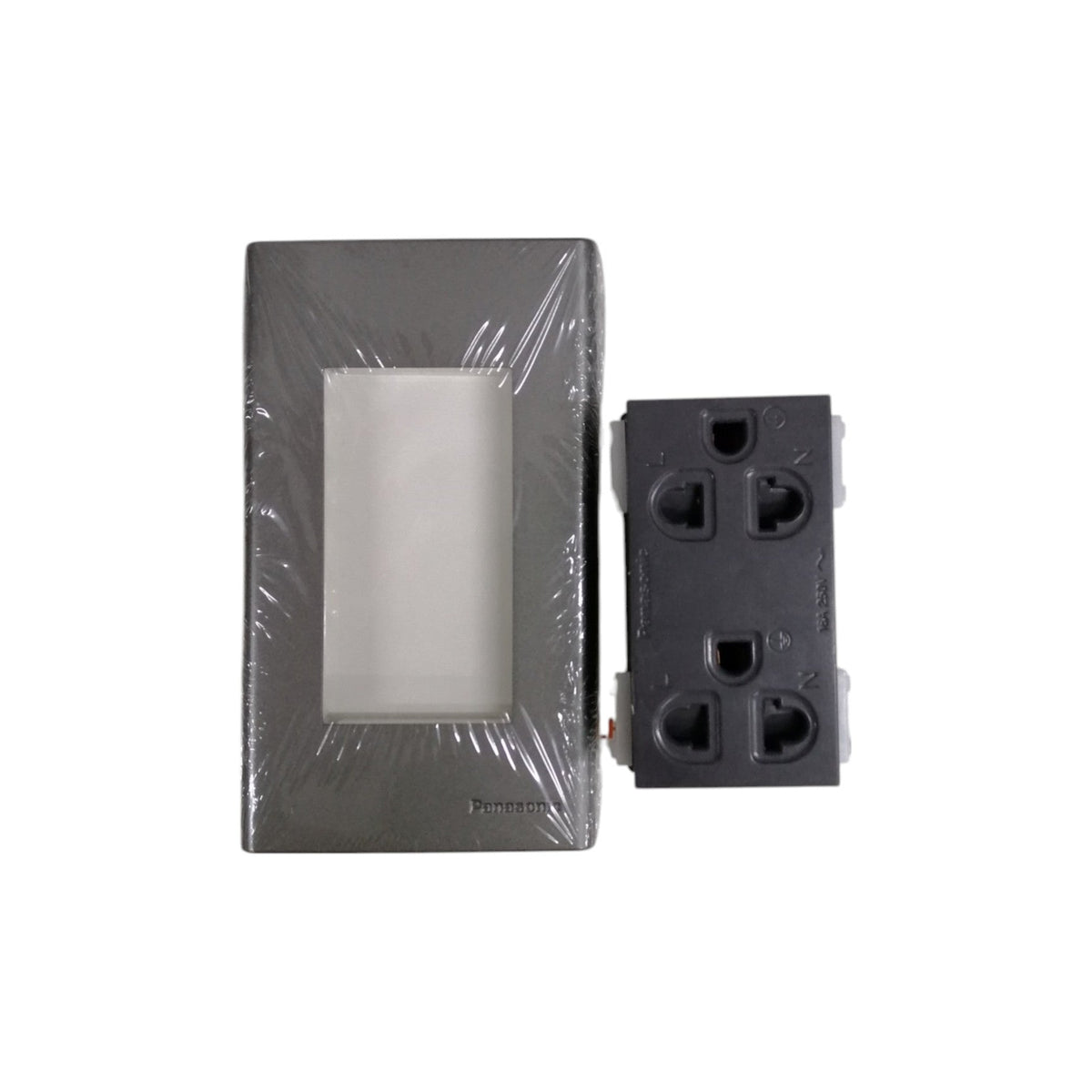Panasonic Duplex Universal Outlet with Ground and Plate, 2 Gang Convenience Outlet with Ground and Plate 16A 250V Wide Color Refina Series Metallic Gray WEG6803MH-1/WEG15829H-5