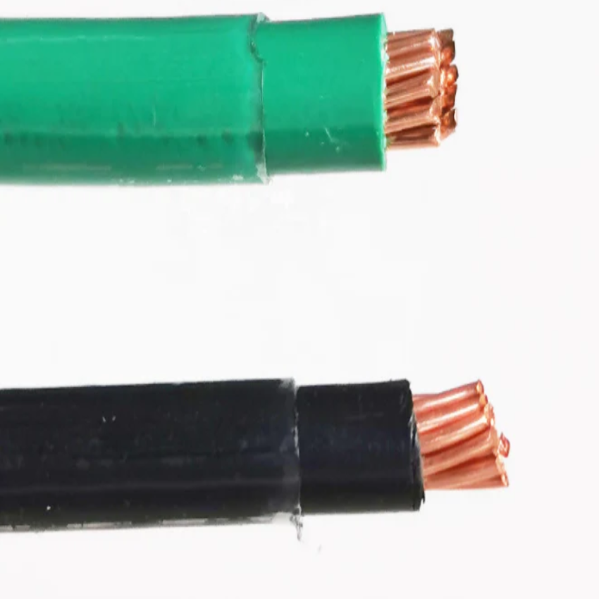 Duraflex 750MCM THHN wire per meter in green and black colors showcasing copper strands