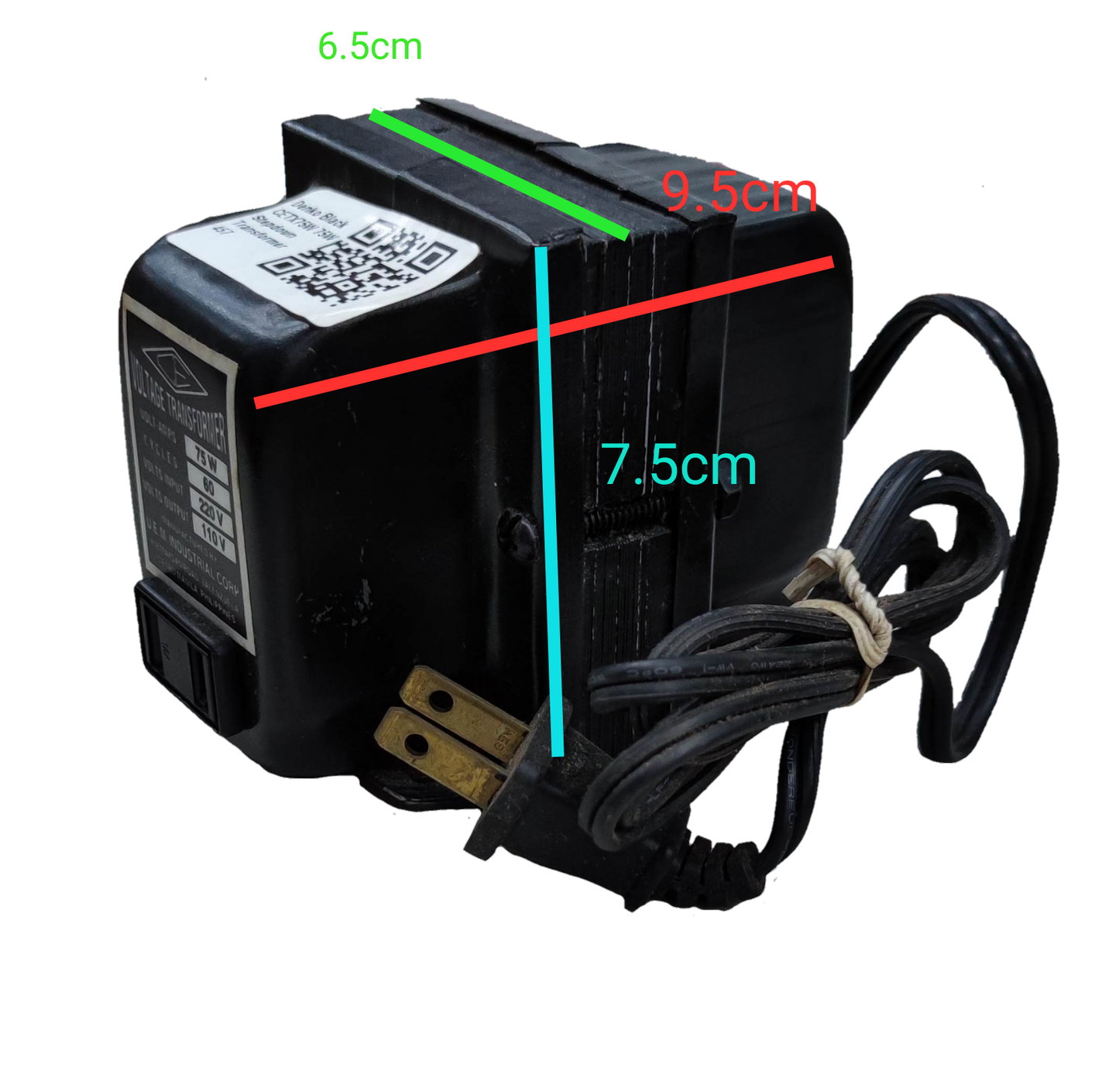 CE 75W step down transformer 220V to 110V black power converter with attached plug and cable
