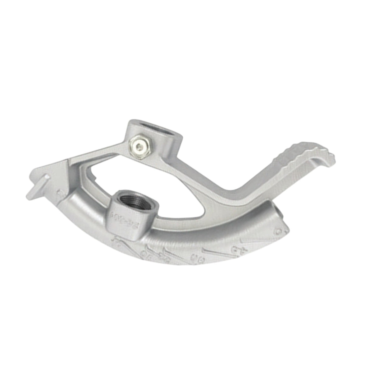 A silver aluminum bicycle crank arm with a threaded bottom shell and a textured pedal leg, shown on a plain white background.