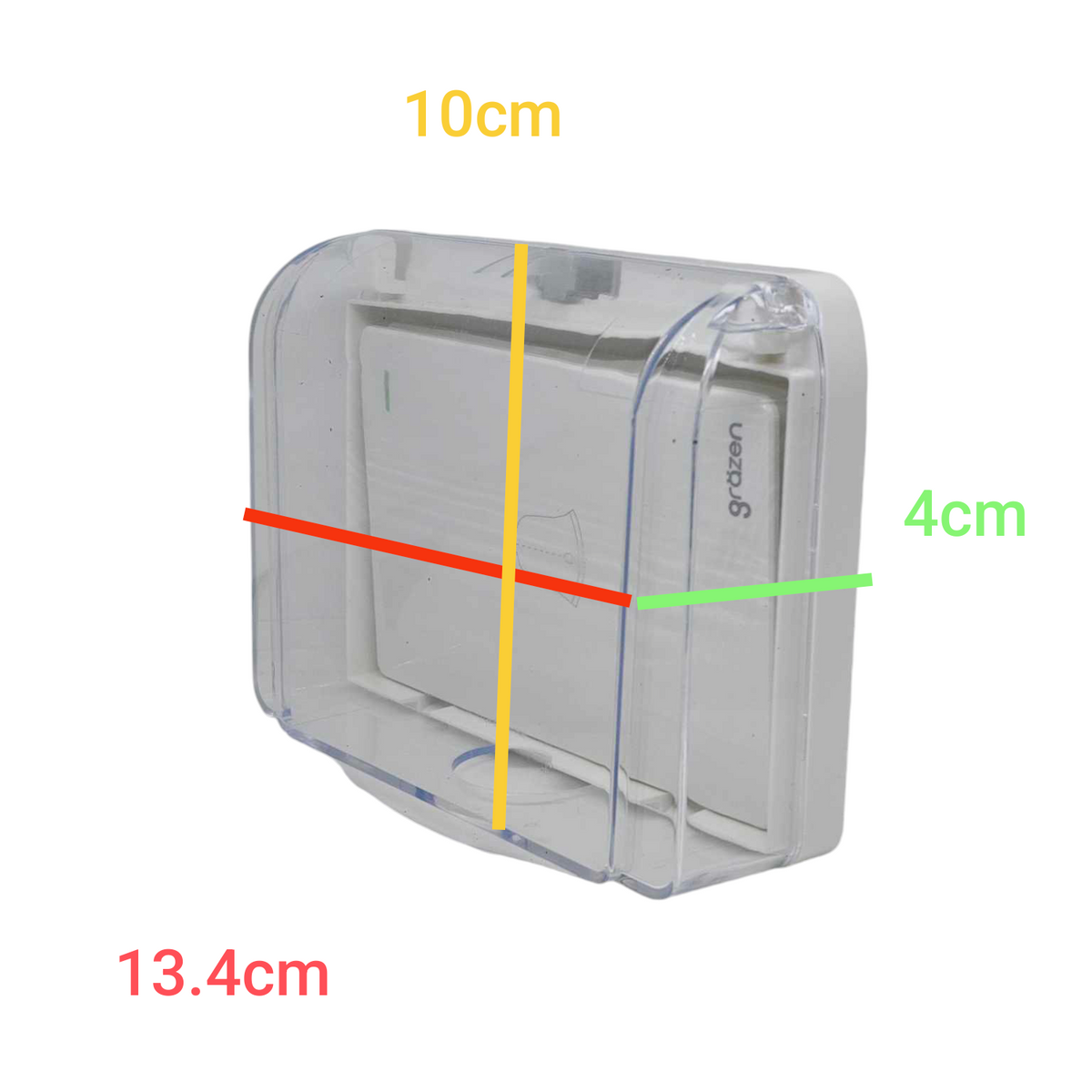 A clear plastic wall-mounted storage box shown on a white background with overlaid dimension lines and text indicating 10 cm height, 4 cm width, and 13.4 cm depth.