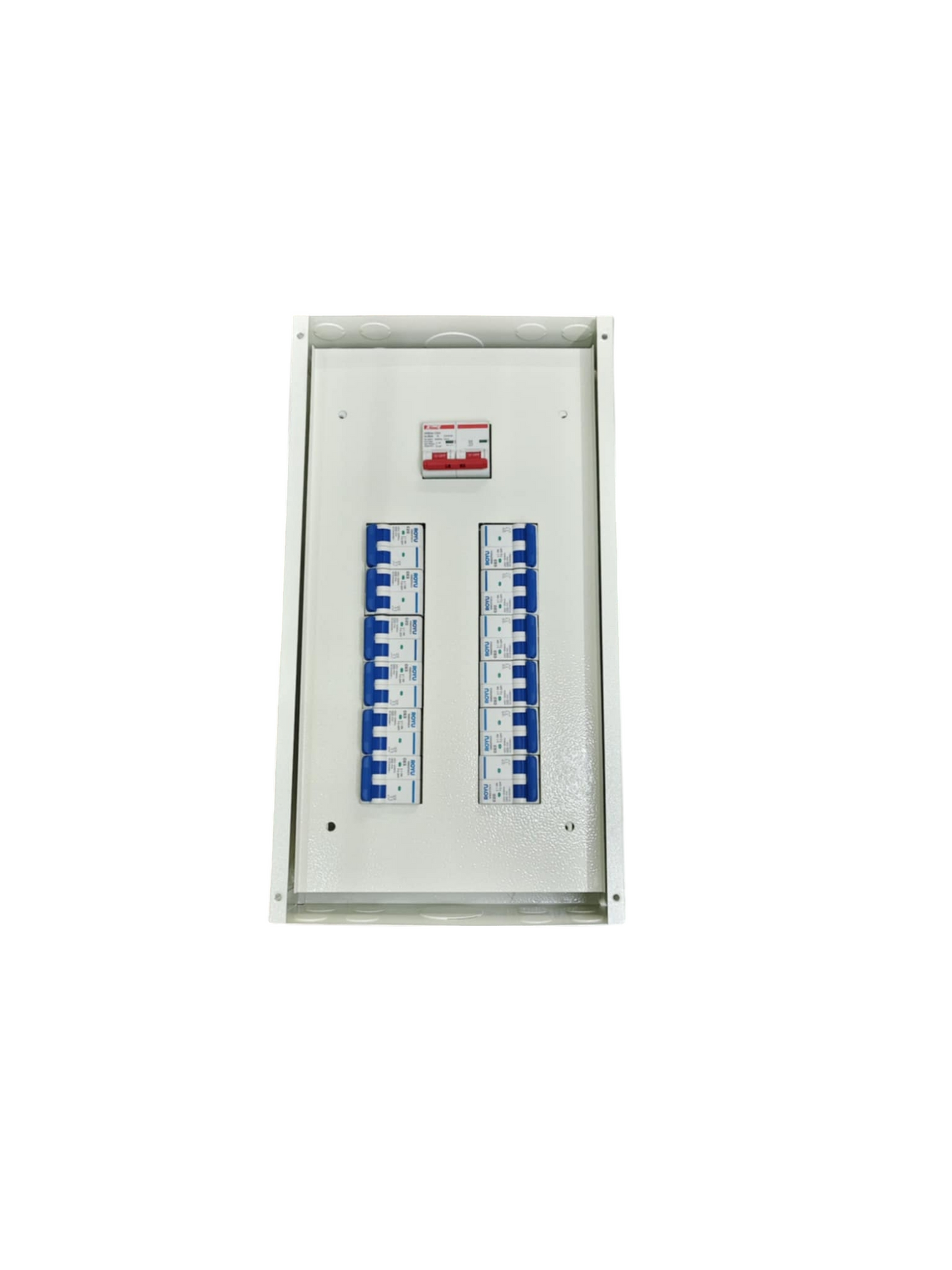 Royu Koten Himel 80A 2 pole panel board with multiple circuit breakers in a white metal enclosure