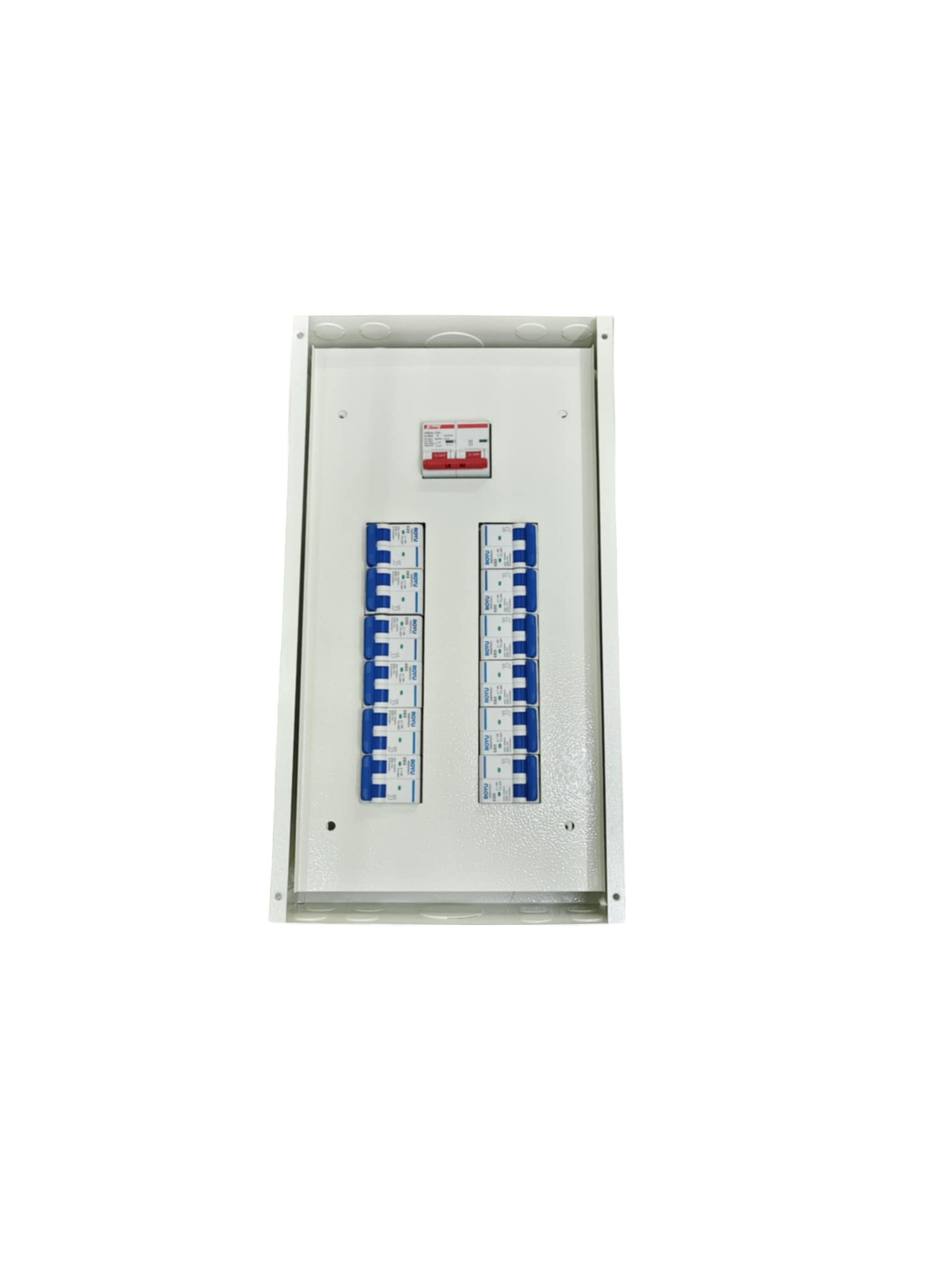 Royu Koten Himel 80A 2 pole panel board with multiple circuit breakers in a white metal enclosure