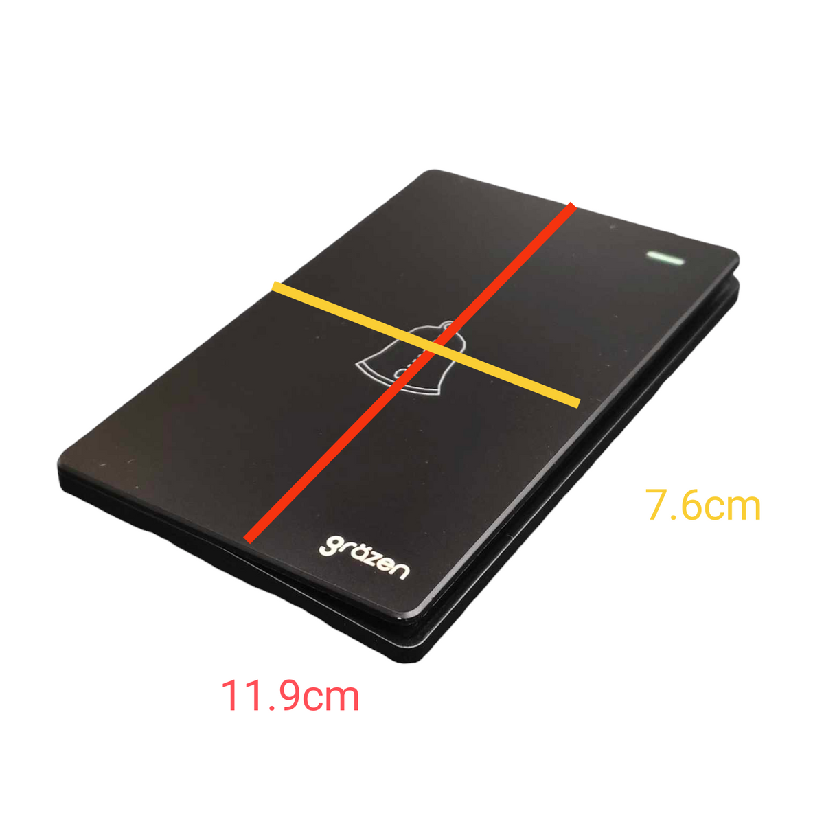 A black rectangular electronic device with rounded corners, shown on a white background with red and yellow measurement lines and dimensions labeled 11.9cm, 7.