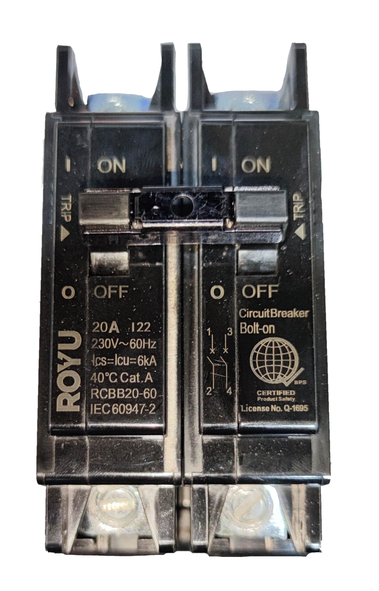 Royu 20A Circuit Breaker 2 Pole Single Phase 220V Bolt On with Mechanical Lugs RCBB20-60