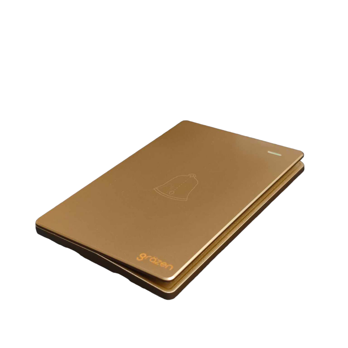 A closed golden-brown electronic device, likely a smart lock or keypad, with a minimalist bell icon and the brand name 'grazen' printed on the front, shown on a plain white background.