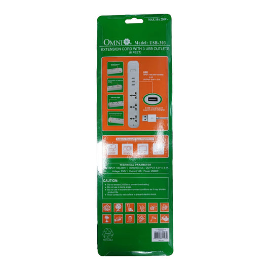 Omni 3 Gang Extension Cord With 3 USB Outlet 3 Gang Universal Outlet and 3 USB with 1 Main Switch 2500W 2.1A USB 5V USB-303-PK