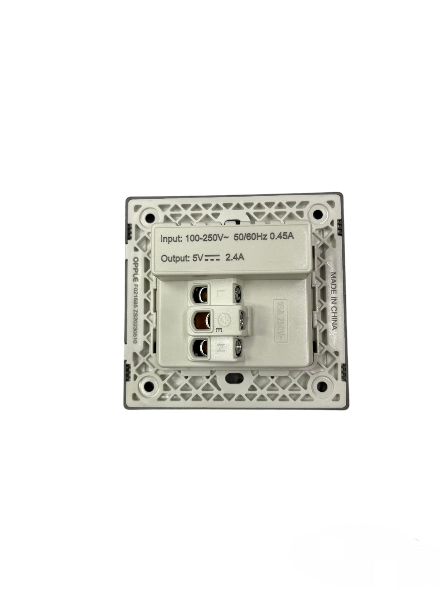 Opple Duplex Universal Outlet Square Gray 16A 250V with 2 Gang USB-A 5V 2.4A Outlet with Plate Cover F021685