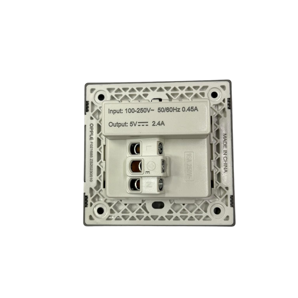Opple Duplex Universal Outlet Square Gray 16A 250V with 2 Gang USB-A 5V 2.4A Outlet with Plate Cover F021685