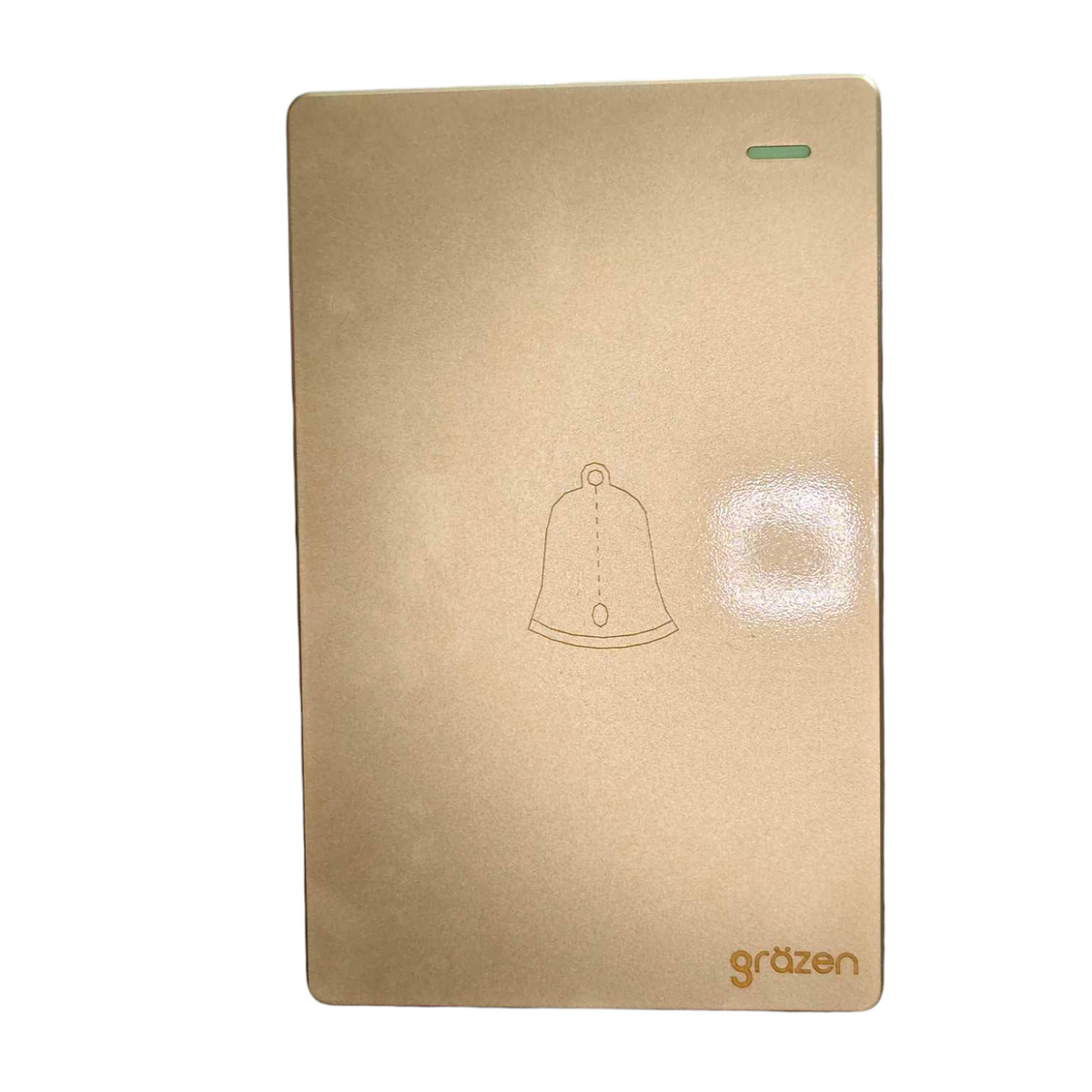 A rectangular gold-colored electronic control panel or module with a bell icon and the brand name 'gräten' printed on it, shown against a plain white background.