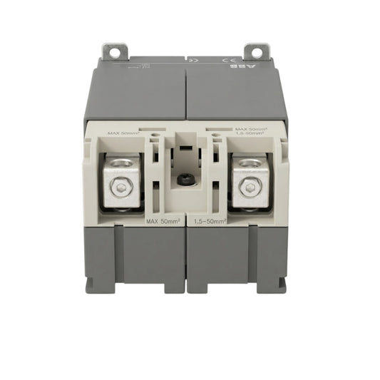 An ABB electrical contactor with a gray and beige plastic housing, featuring two large terminal blocks on the front, set against a plain white background.
