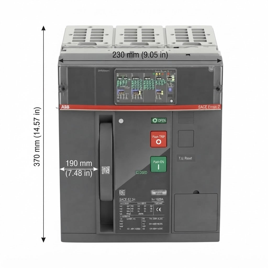 ABB SACE Enelo 2 circuit breaker shown from the front with dimension annotations indicating 370 mm height, 230 mm top width, and 190 mm front width.