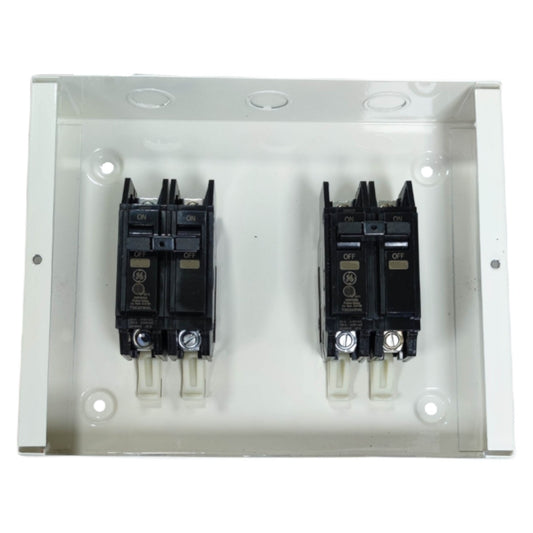 GE Koten 2 pole single phase transfer switch with dual breakers in a white mounting box