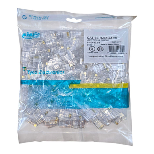 A clear plastic bag filled with CAT 6E RJ45 jack networking cable connectors, branded Amp Electronics and Tyco Electronics, on a white background.