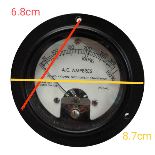 A round black analog ammeter gauge with a white dial face and printed text reading 'A.C.