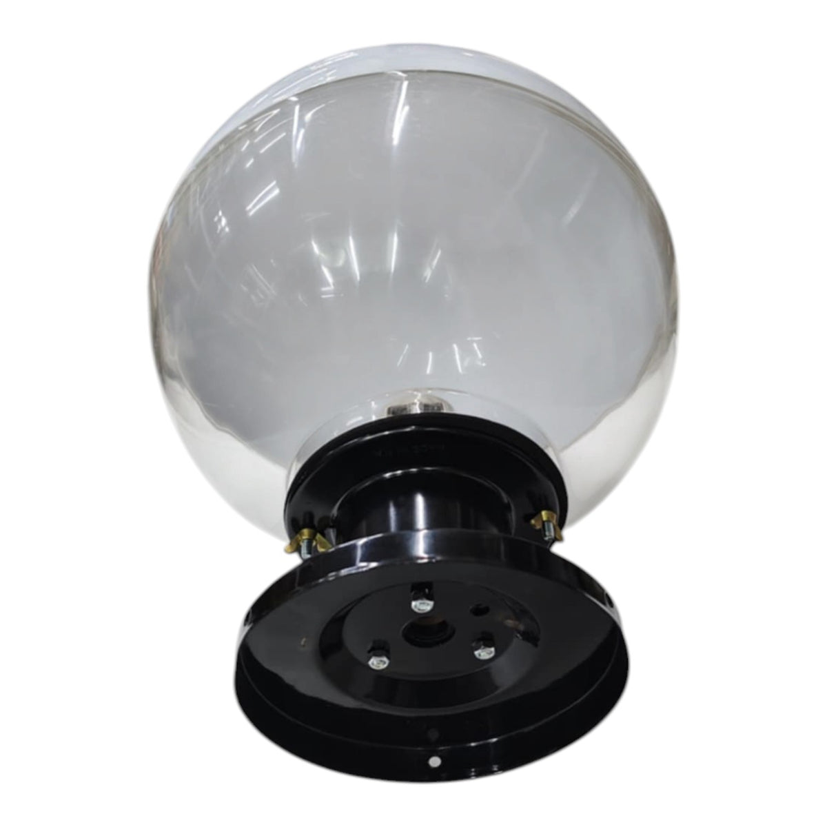 A clear glass globe light fixture with a black metal base, shown against a plain white background.
