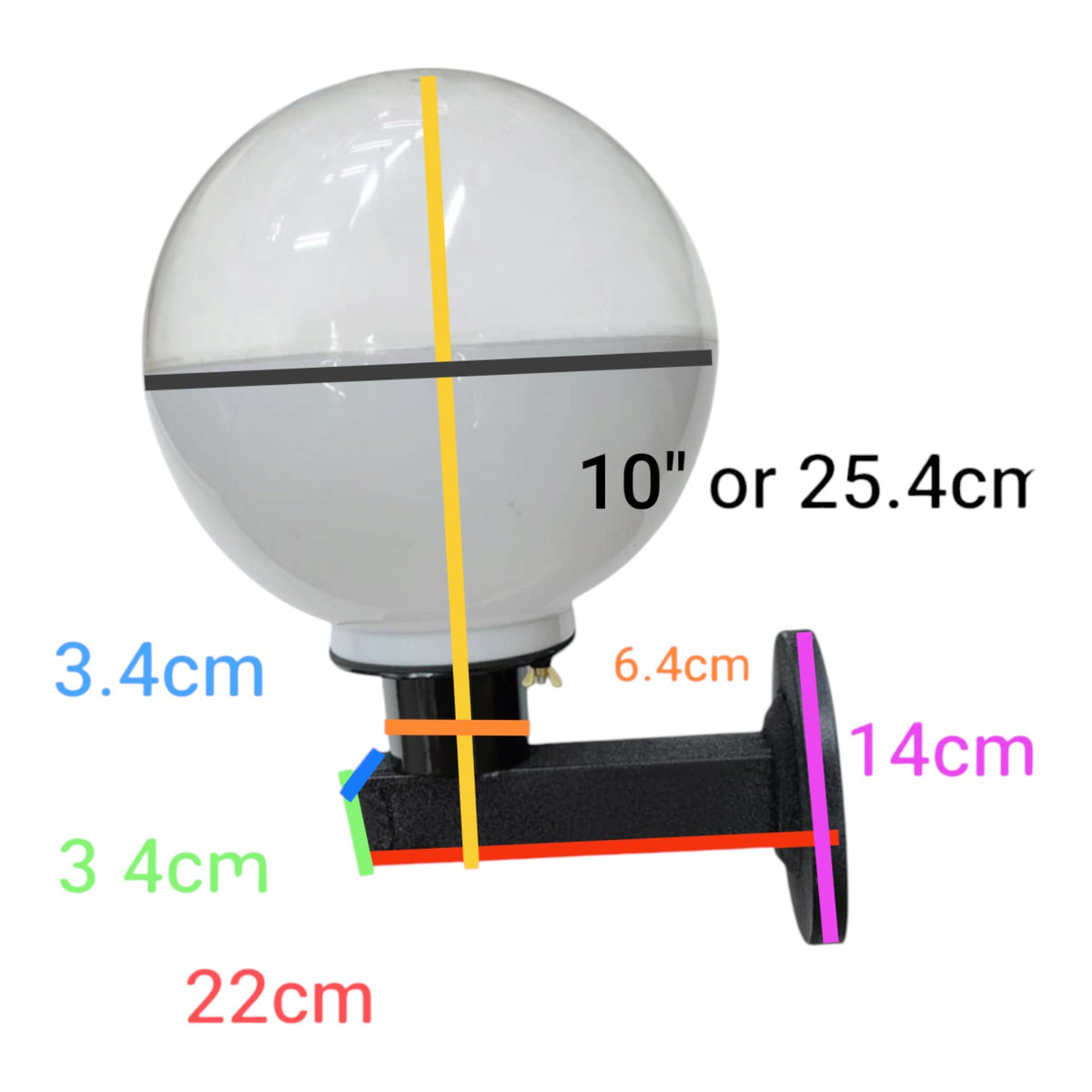 A wall-mounted globe light fixture with a clear glass globe and black metal mount, overlaid with colored dimension lines and text showing measurements including 10" or 25.4cm, 14cm, 22cm, 3.
