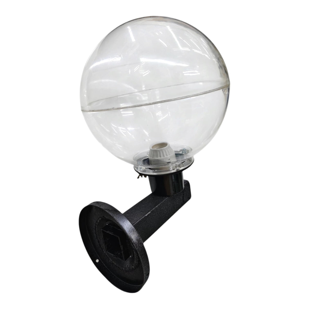 A clear glass globe light fixture with a black metal mounting bracket, shown against a plain white background.
