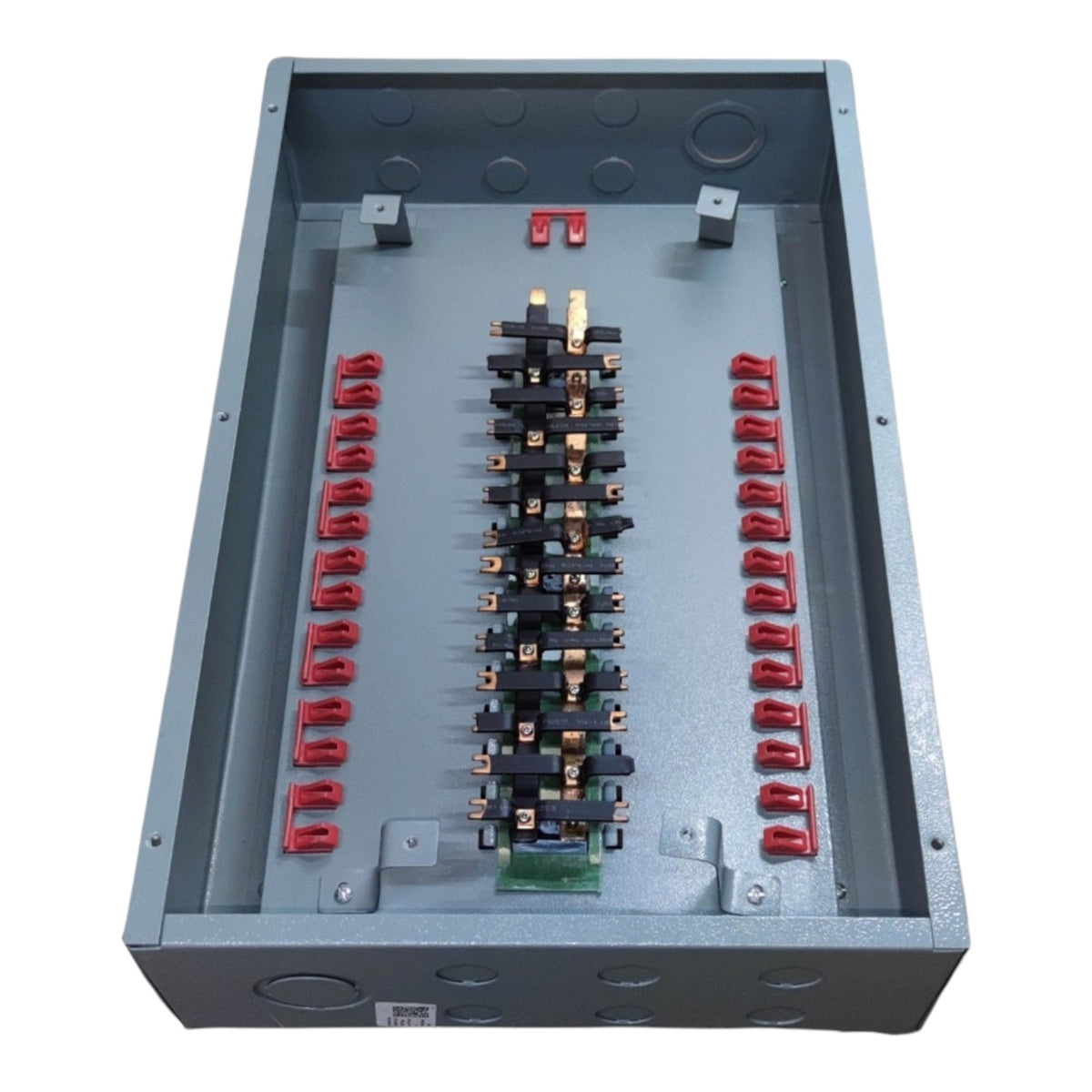 An open metal electrical distribution panel showing internal busbars, terminal blocks, and red contact elements on a plain white background.