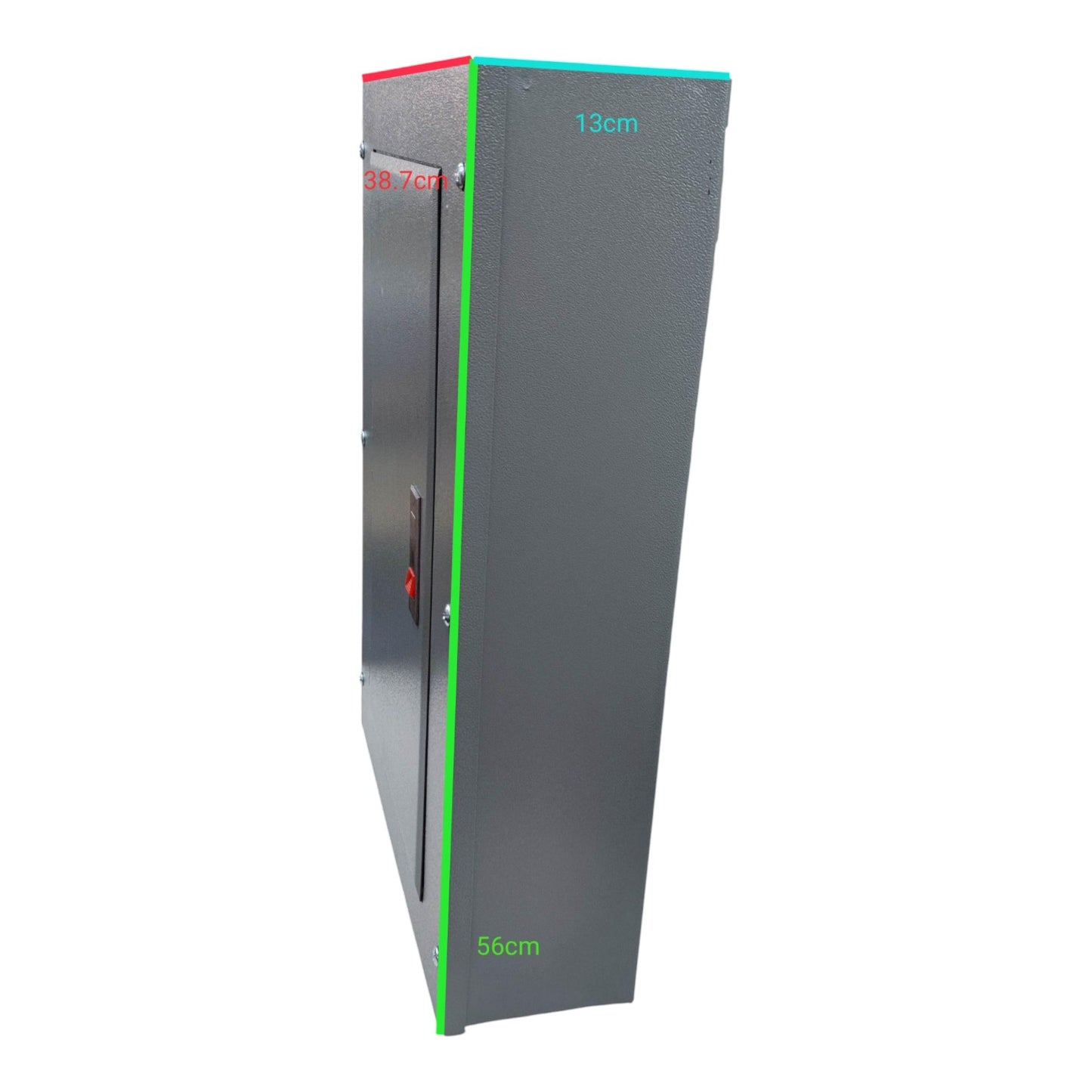 Tall gray cabinet with green measurement markings on a white America Panel Board Center 12 Branches Main for 2 Pole Bolt On Circuit Breakers Surface type or Flush Type Mounting Electx Electrical Supplybackground