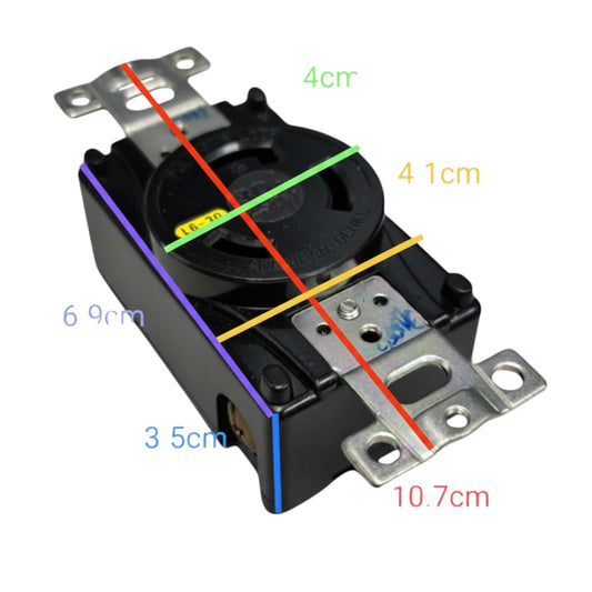 Black electrical component with labeled dimensions on a white background American Denki 30A 2P+E 250V Twist Lock Outlet 3Pins 3320-L6 Twistlock Receptacle Flush Type Twist to Lock ELectx Electrical Supply