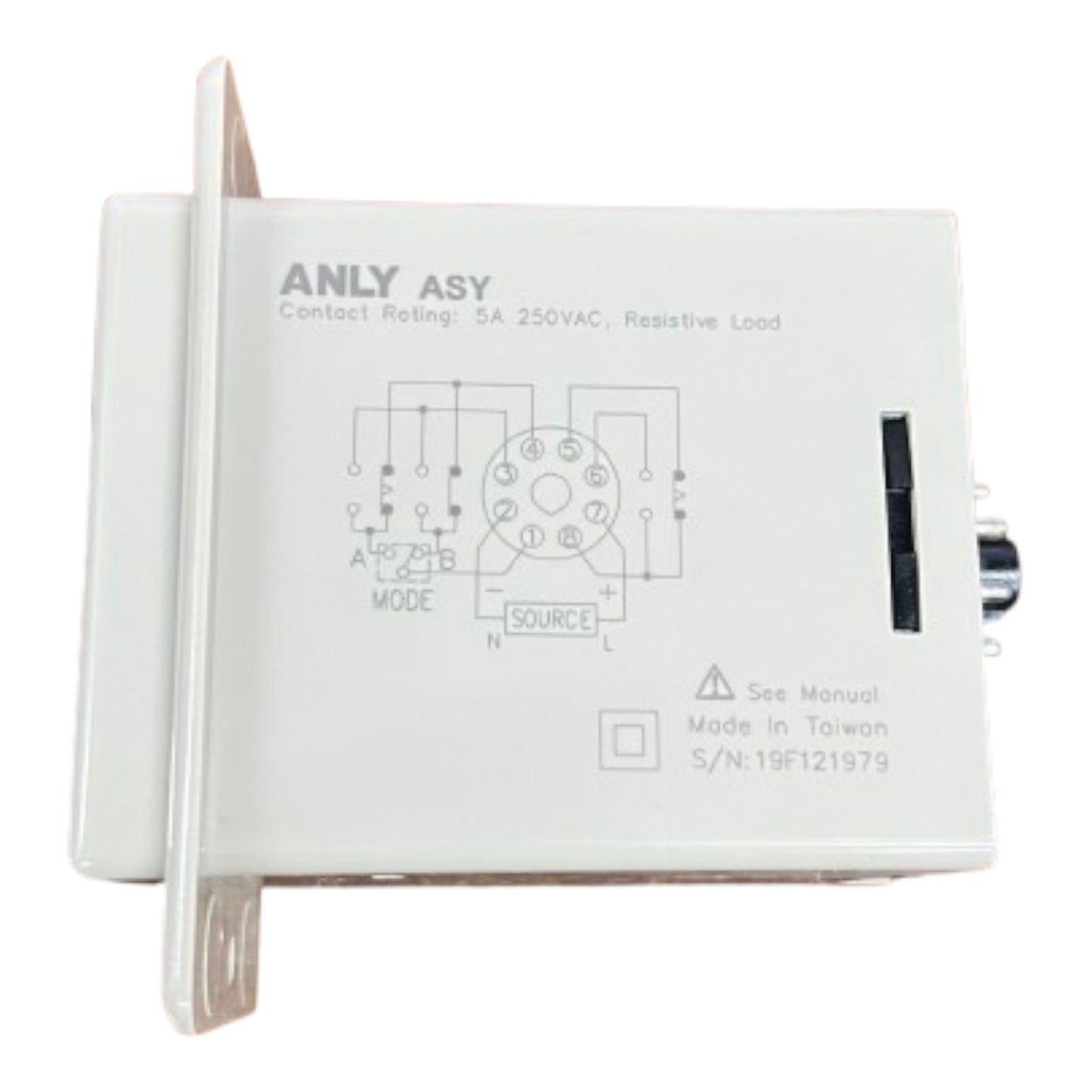 Electrical component with 'ANLY ASY' branding and technical diagrams on a white background
