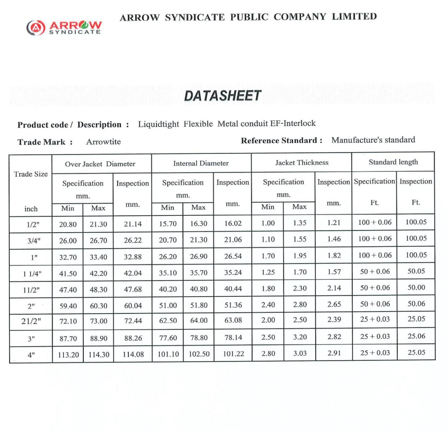 Datasheet for Arrow Syndicate Public Company Limited with product specifications.