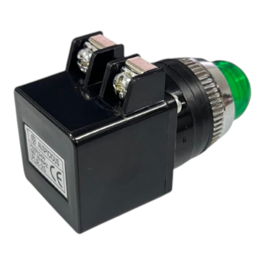 A black electrical relay or switch component with two terminal posts, a silver ribbed metal collar, and a translucent green light end, shown on a plain white background.