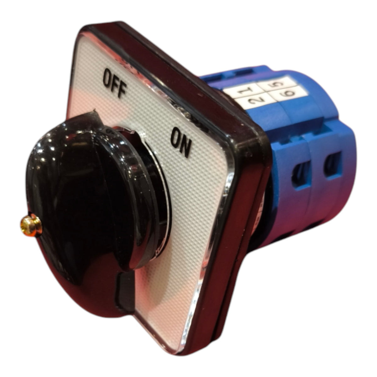 A rotary electrical switch with a black knob, a white textured faceplate printed with 'OFF' and 'ON', and a blue terminal housing on the side.