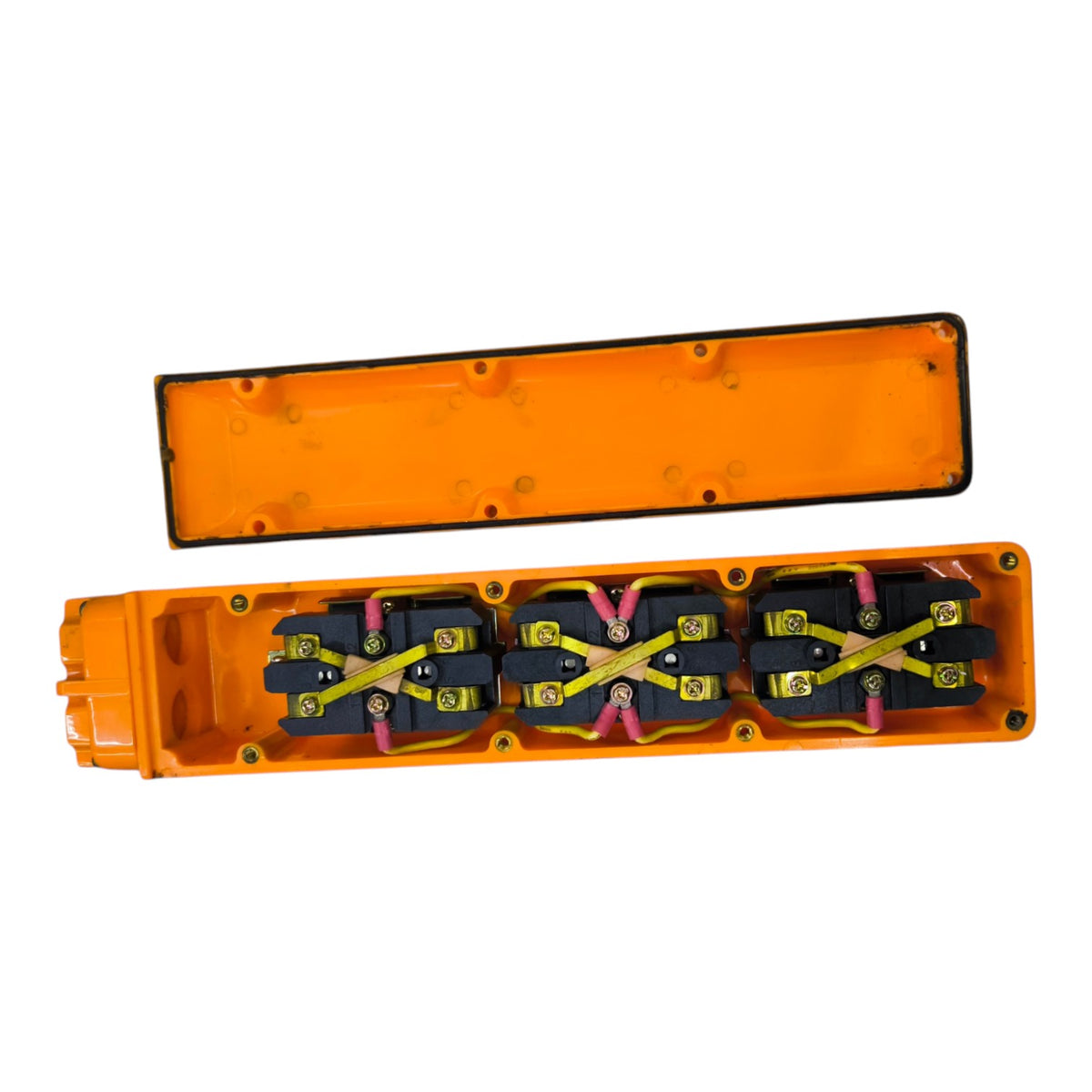 An orange plastic electrical enclosure shown open, with the inner compartment containing four black battery or motor modules secured by yellow straps and pink cables, against a plain white background.