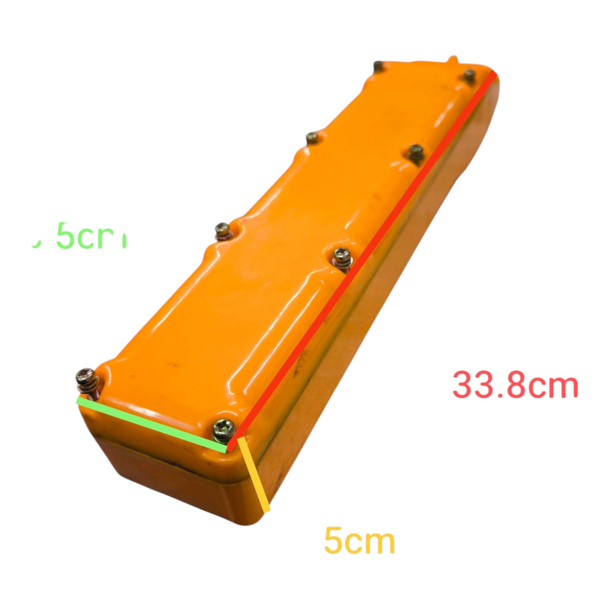 An orange rectangular metal component with screws, shown on a white background with overlaid dimension labels: 33.8cm, 5cm, and 5cm.