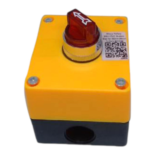 A yellow and black electrical switch box with a red emergency stop button and a white QR code sticker on the side, isolated on a white background.