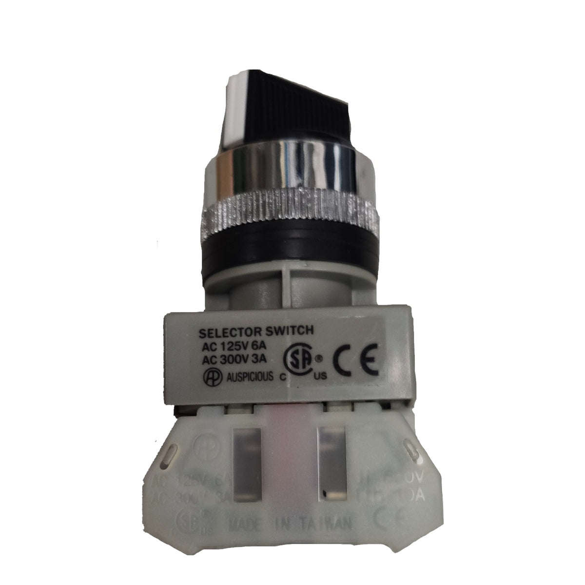 A small industrial selector switch with a black lever, chrome metal ring, and gray plastic housing, photographed on a plain white background.