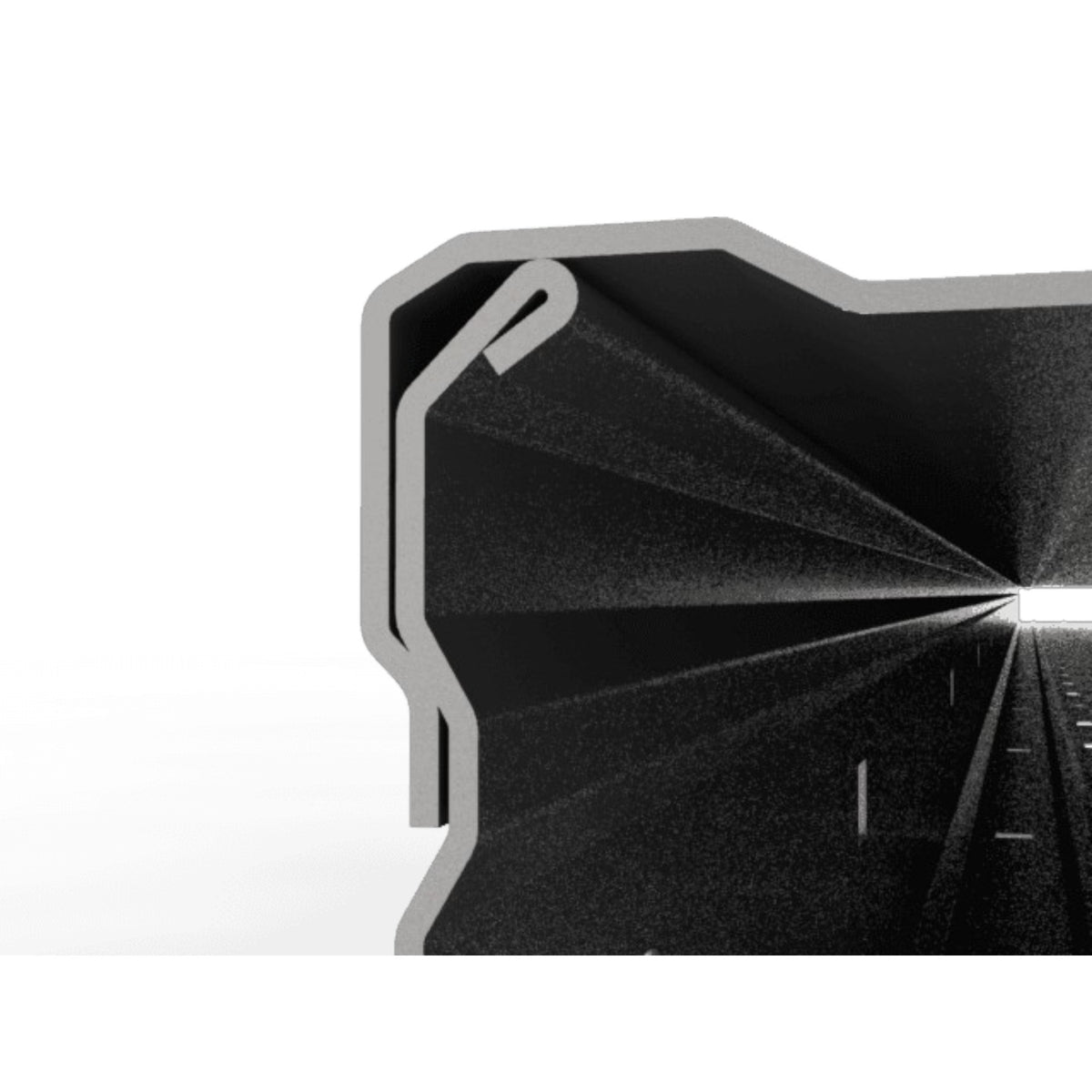 A close-up technical rendering of a black textured panel or shield with a curved white outline and a tunnel-like perspective extending into the distance on a white background.